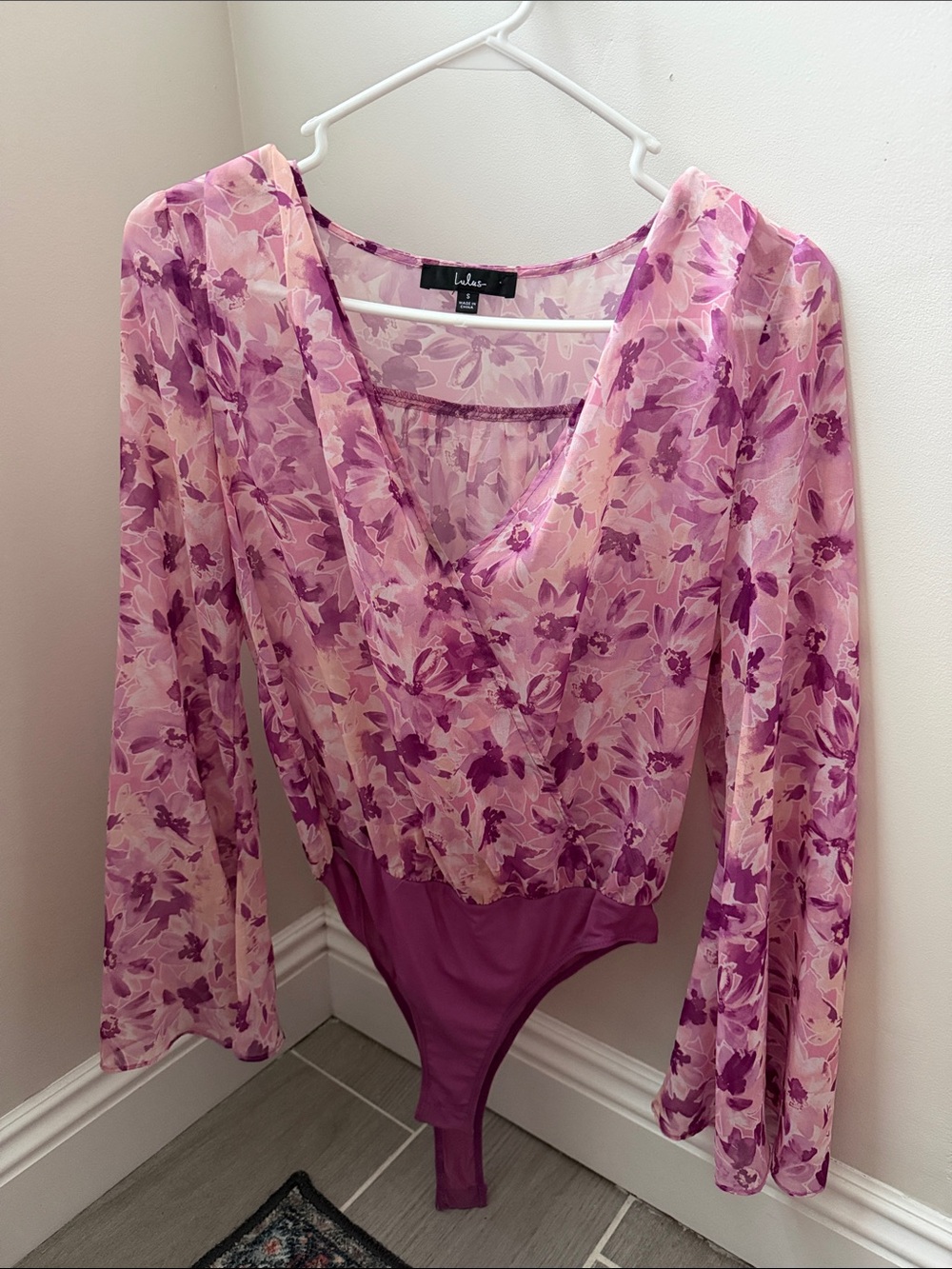 Lulu's Pink and Purple Floral Long Sleeve Surplice Bodysuit